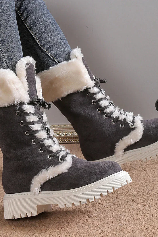 Winter Lace-up Snow Boots For Women Mid-tube Fleece Shoes Warm Chunky Heels Plush Boot - DanaFashionstore