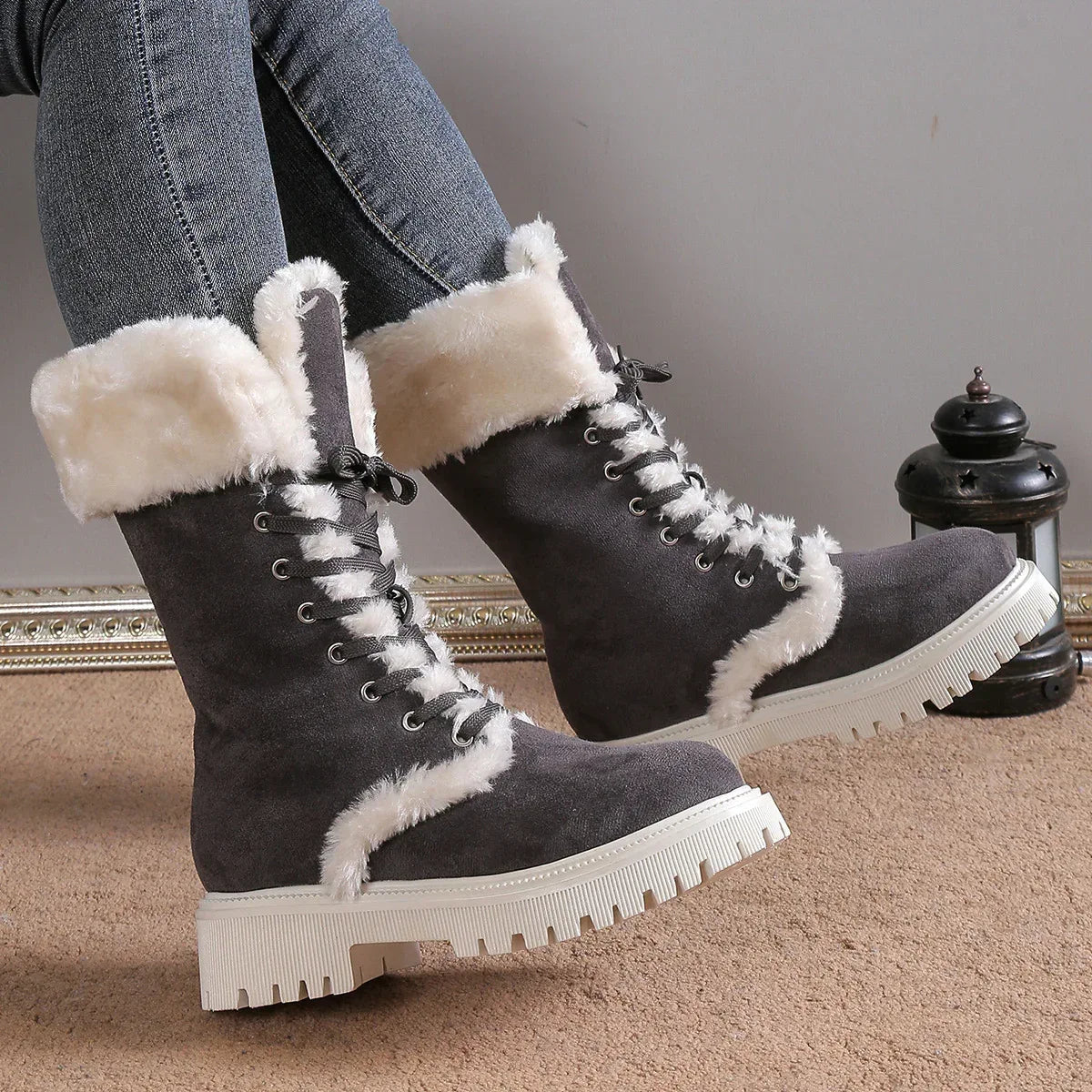 Winter Lace-up Snow Boots For Women Mid-tube Fleece Shoes Warm Chunky Heels Plush Boot - DanaFashionstore