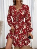 V-neck Floral Print Long Sleeve Dress