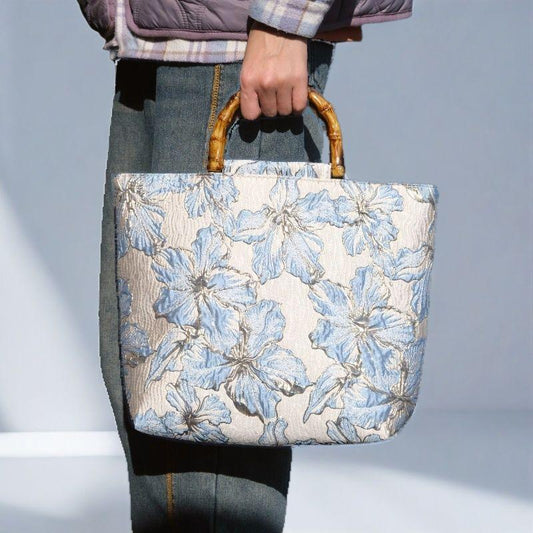 Women's Light Blue Bronzing Flower Canvas Bag - DanaFashionstore