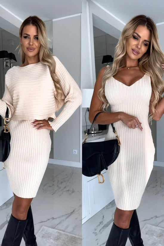 2pcs Suit Women's Solid Stripe Long-sleeved Top And Tight Suspender Skirt Fashion Autumn Winter Slim Clothing - DanaFashionstore