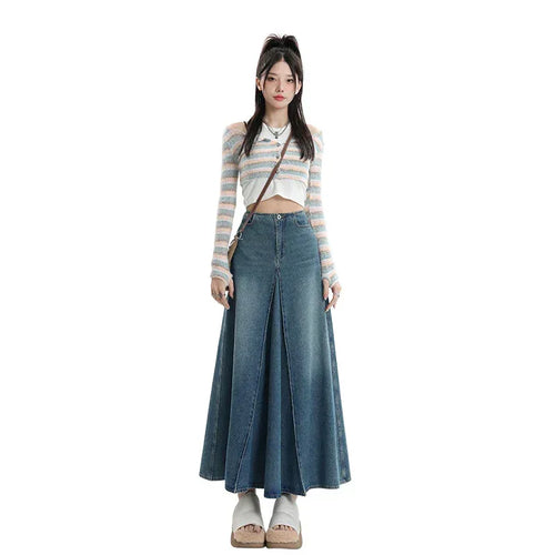 American Style Retro Big Swing Denim Spring New High Waist A- Line Slimming Mid-length Skirt - DanaFashionstore