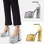 Golden Square Head Hollow Waterproof Platform Buckled Chunky Heel Super High Heel - DanaFashionstore