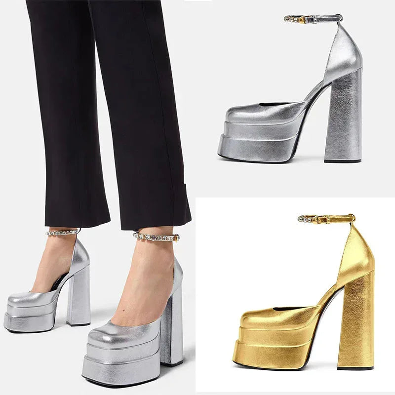 Golden Square Head Hollow Waterproof Platform Buckled Chunky Heel Super High Heel - DanaFashionstore