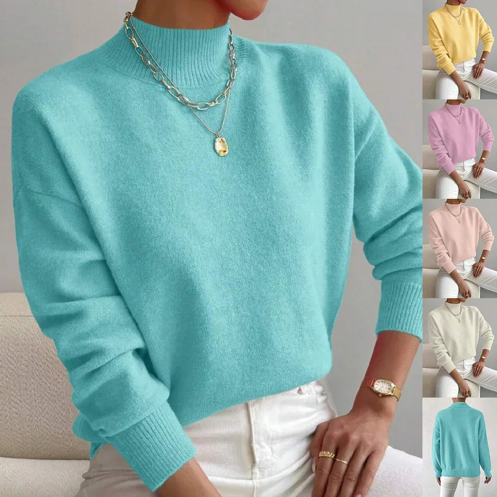 Women's Pullover Sweater Casual Solid Color Mid-high Neck Long-sleeved Knitted Tops Clothing - DanaFashionstore