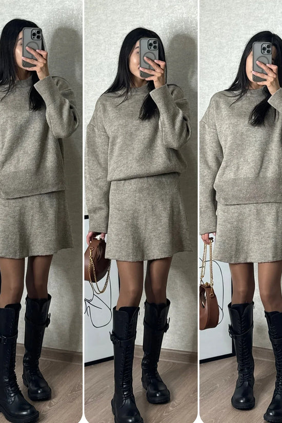 Sweater Skirt Sets For Women 2 Pieces Knit Casual Versatile Long Sleeve Pullover Elegant Solid High Waist Mini Skirt Outfit - DanaFashionstore