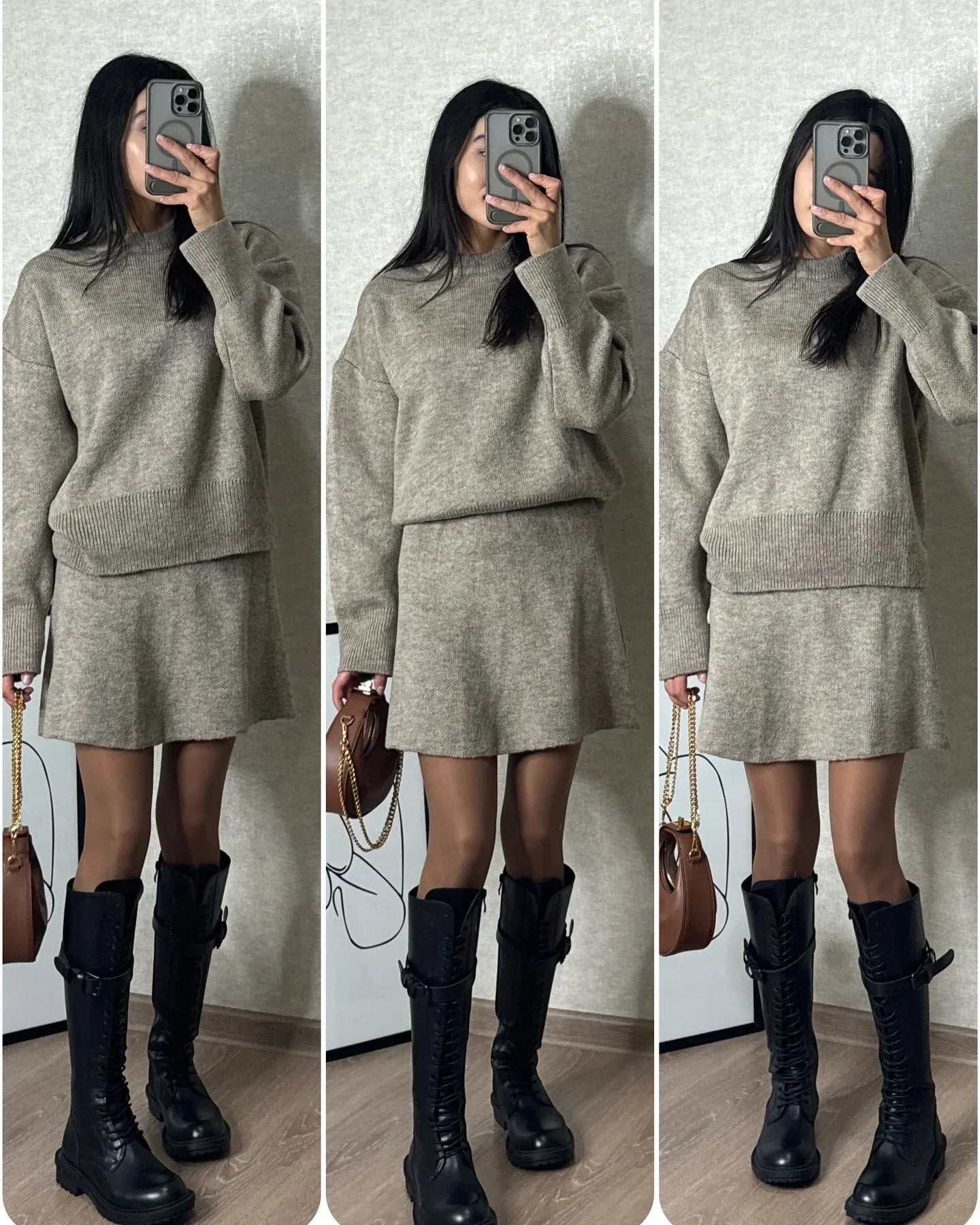 Sweater Skirt Sets For Women 2 Pieces Knit Casual Versatile Long Sleeve Pullover Elegant Solid High Waist Mini Skirt Outfit - DanaFashionstore