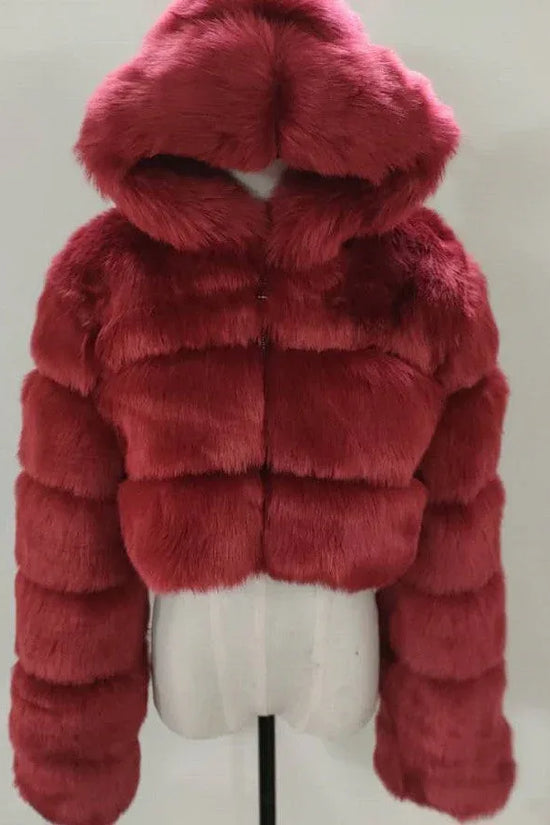 Short Hooded Faux Fur Long Sleeve Coat - DanaFashionstore