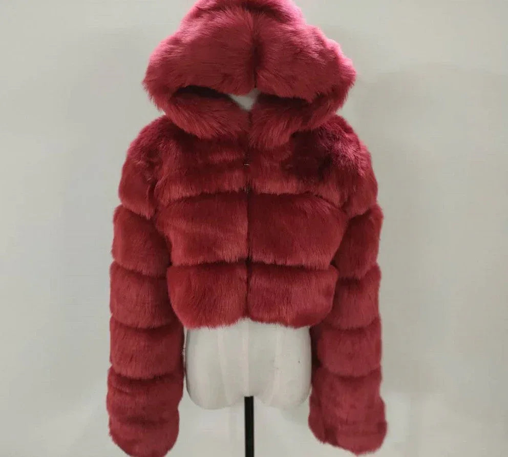 Short Hooded Faux Fur Long Sleeve Coat - DanaFashionstore