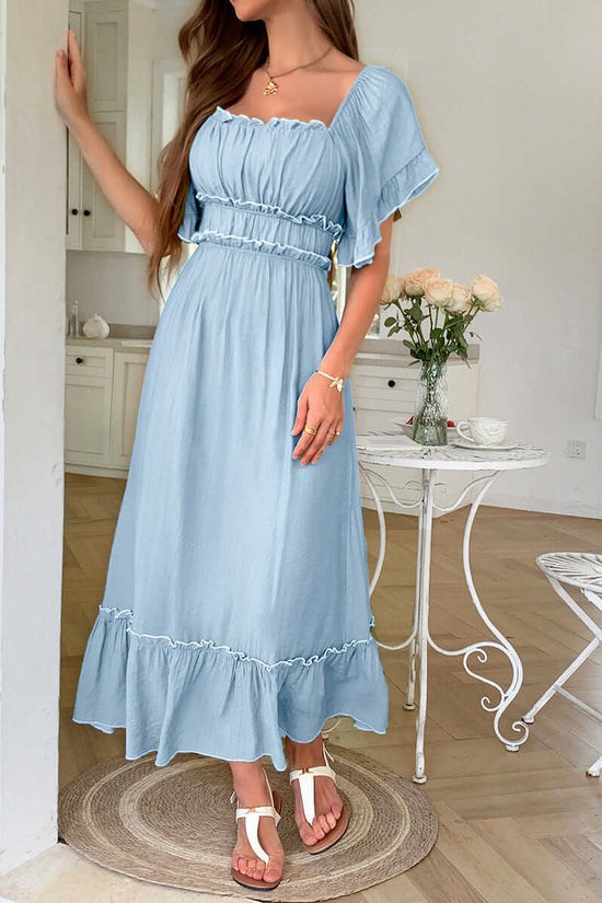 European And American Leisure Vacation Style Stringy Selvedge Short Sleeve Dress $59.50 Dana Fashion Color: Blue Size: L Women's clothing Product information: Color: green, blue, black, apricot, orange pink Waist type: high waist Size: S,M,L,XL Skirt leng