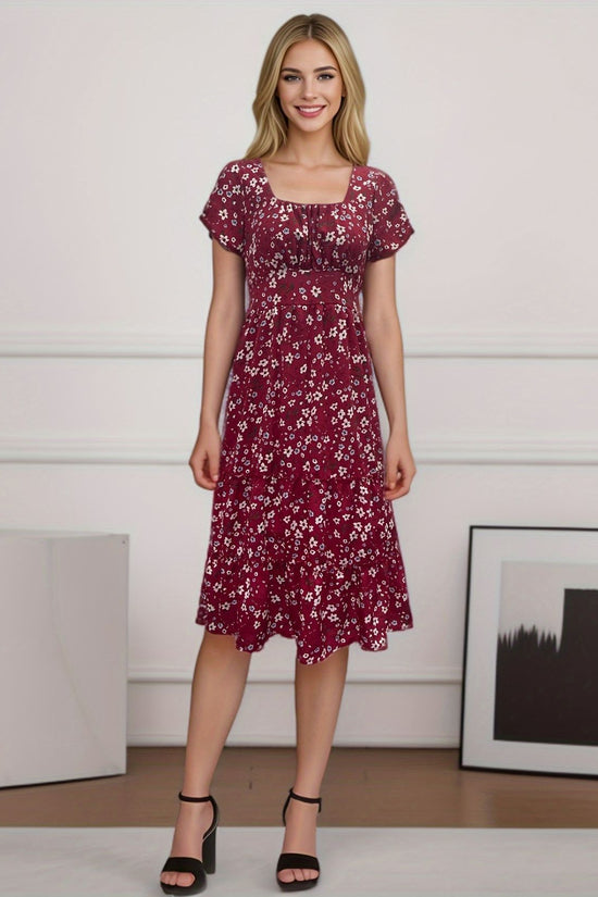 Square Collar Short Sleeve Dress Summer Puff Floral Printed Dress Long Dresses