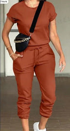 2pcs Women Solid Color Round Neck Short Sleeve Top And Drawstring Pocket Long Pants Casual Suit - DanaFashionstore
