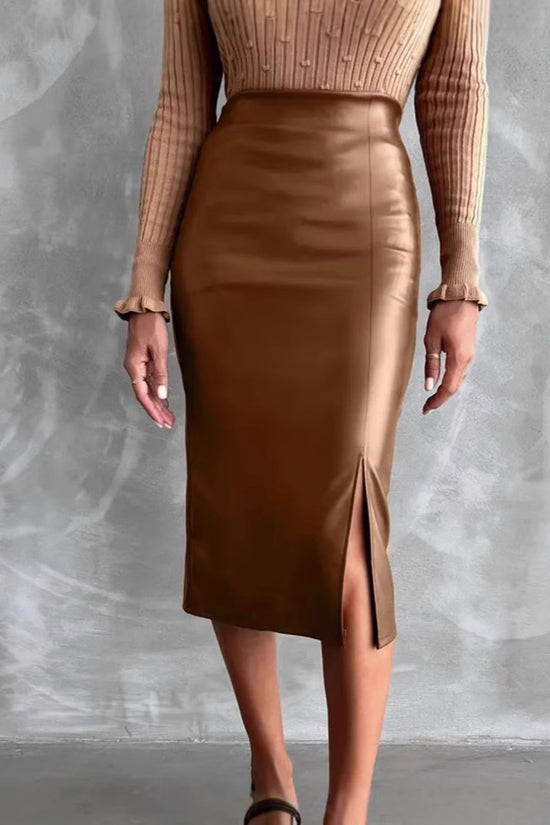 High Waist Slimming All-matching Hip Split PU Leather Skirt