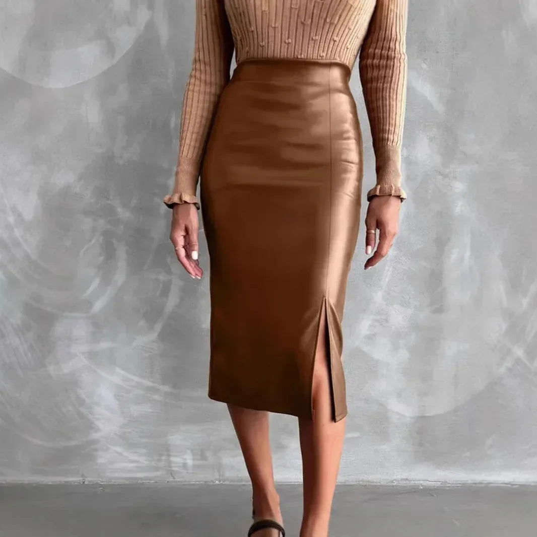 High Waist Slimming All-matching Hip Split PU Leather Skirt - DanaFashionstore