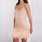 Sexy Tassel Sequins Feather Summer Mini Dress Women V Neck Spaghetti Strap Stitching Dresses Female Elegant Evening Party Club Dress - DanaFashionstore