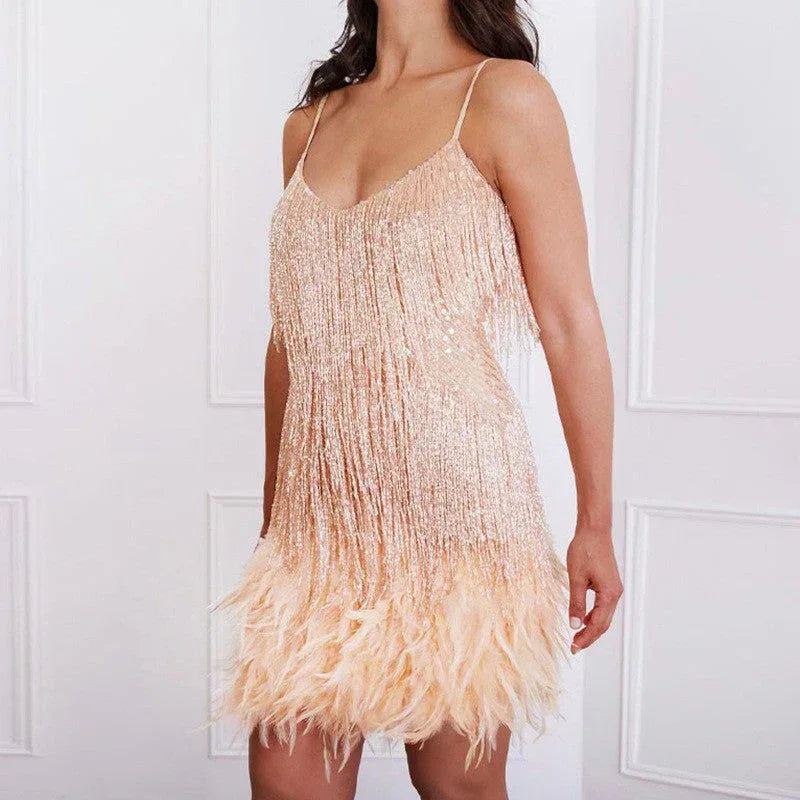 Sexy Tassel Sequins Feather Summer Mini Dress Women V Neck Spaghetti Strap Stitching Dresses Female Elegant Evening Party Club Dress - DanaFashionstore