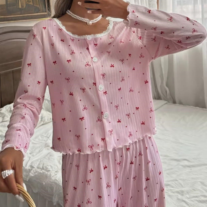 Lace-trimmed Single-breasted Printed Loungewear Two-piece Set For Women