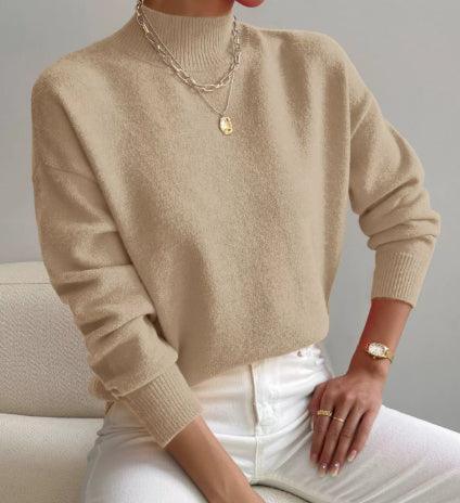 Women's Pullover Sweater Casual Solid Color Mid-high Neck Long-sleeved Knitted Tops Clothing - DanaFashionstore