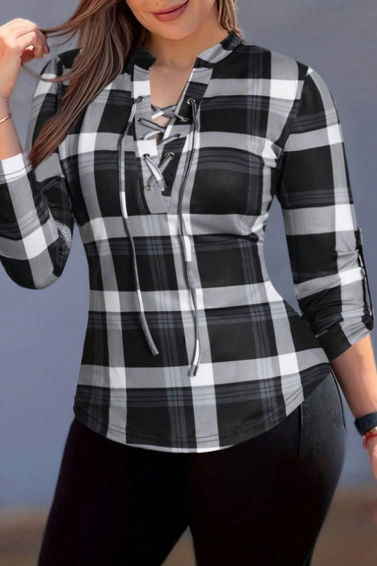 Women's Plaid Notch Neck Criss Cross Tie Short Sleeve T-Shirt