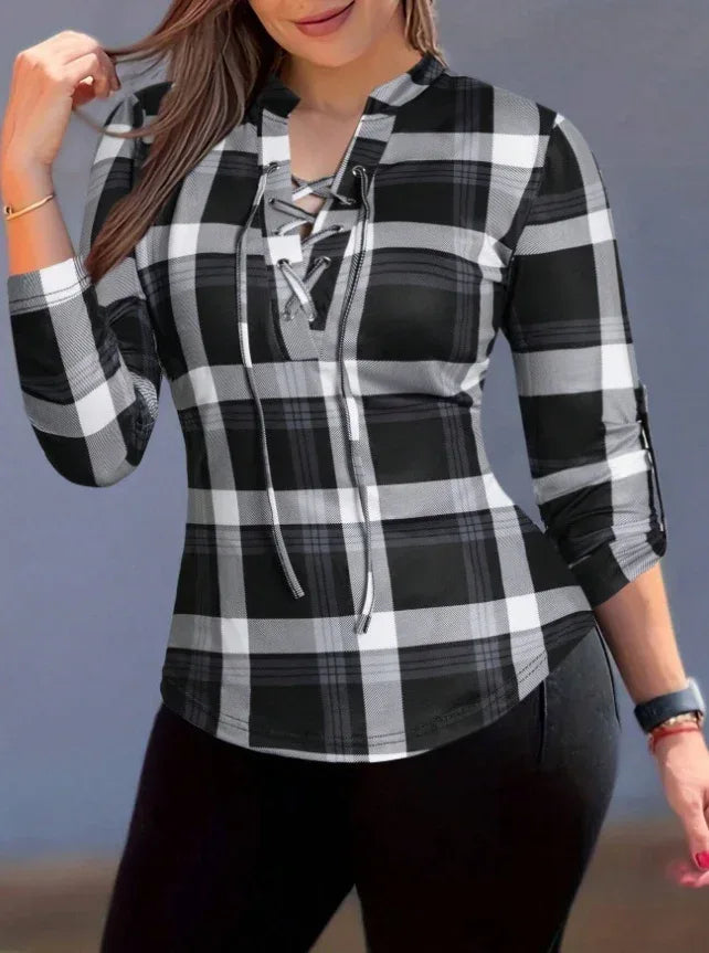 Women's Plaid Notch Neck Criss Cross Tie Short Sleeve T-Shirt - DanaFashionstore