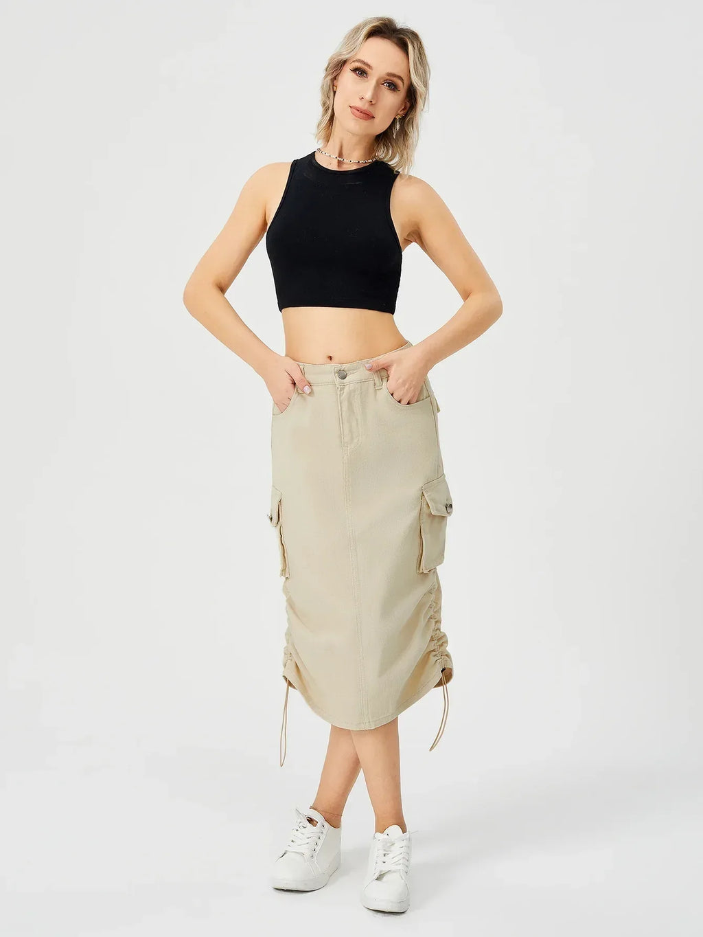 Women's Cargo Long Skirt Casual Streetwear Loose High Waist Front Split Maxi Skirt With Pocket Women's Cargo Long Skirts High Waisted Pencil Skirt Midi Length Jean Skirt With Cargo Pockets - DanaFashionstore