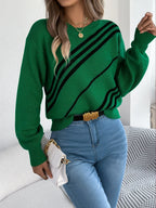 Women Casual Striped Round Neck Lantern Sleeve Long Sleeve Pullover Sweater - DanaFashionstore