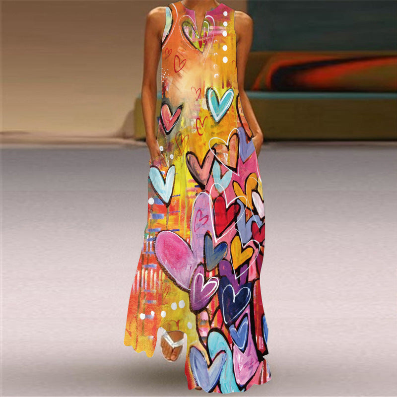 Butterfly Print Long Dress V-Neck Sleeveless