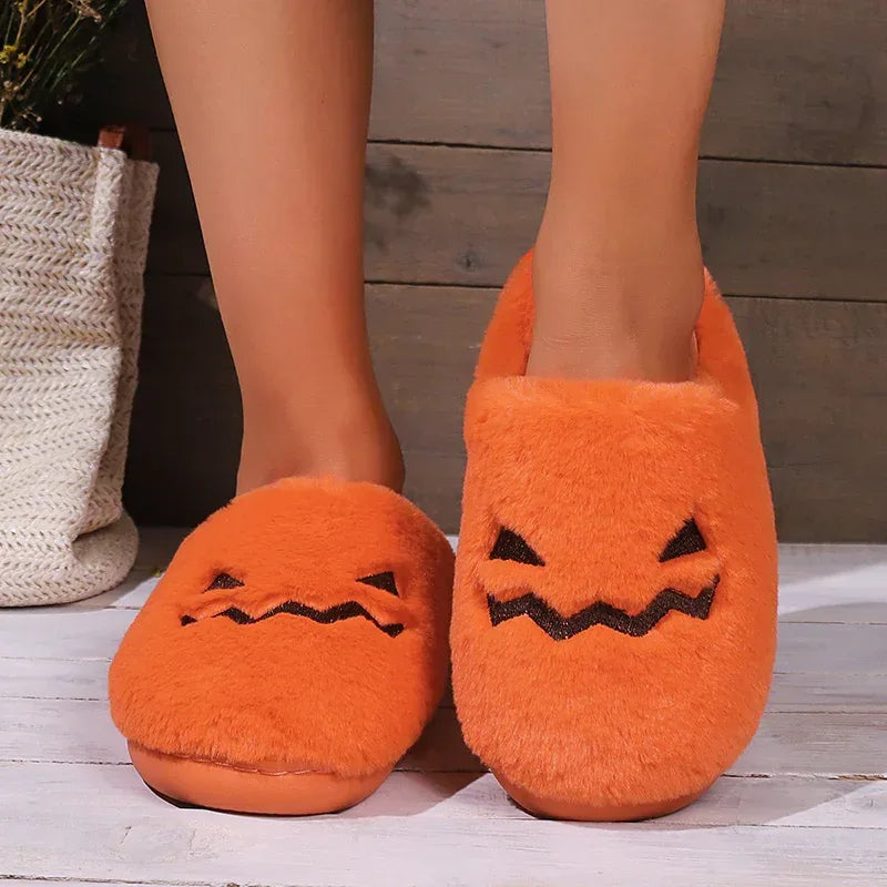 Cute Halloween Pumpkin Slippers Winter Warm Plush Bedroom Floor Home Slippers Casual Slip On Comfortable Cozy Indoor House Shoes - DanaFashionstore