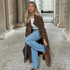 Double Breasted Lapel Shift Coat With Belt Fashion Vintage Suede Long Coat Winter Outwear Women's Clothing - DanaFashionstore