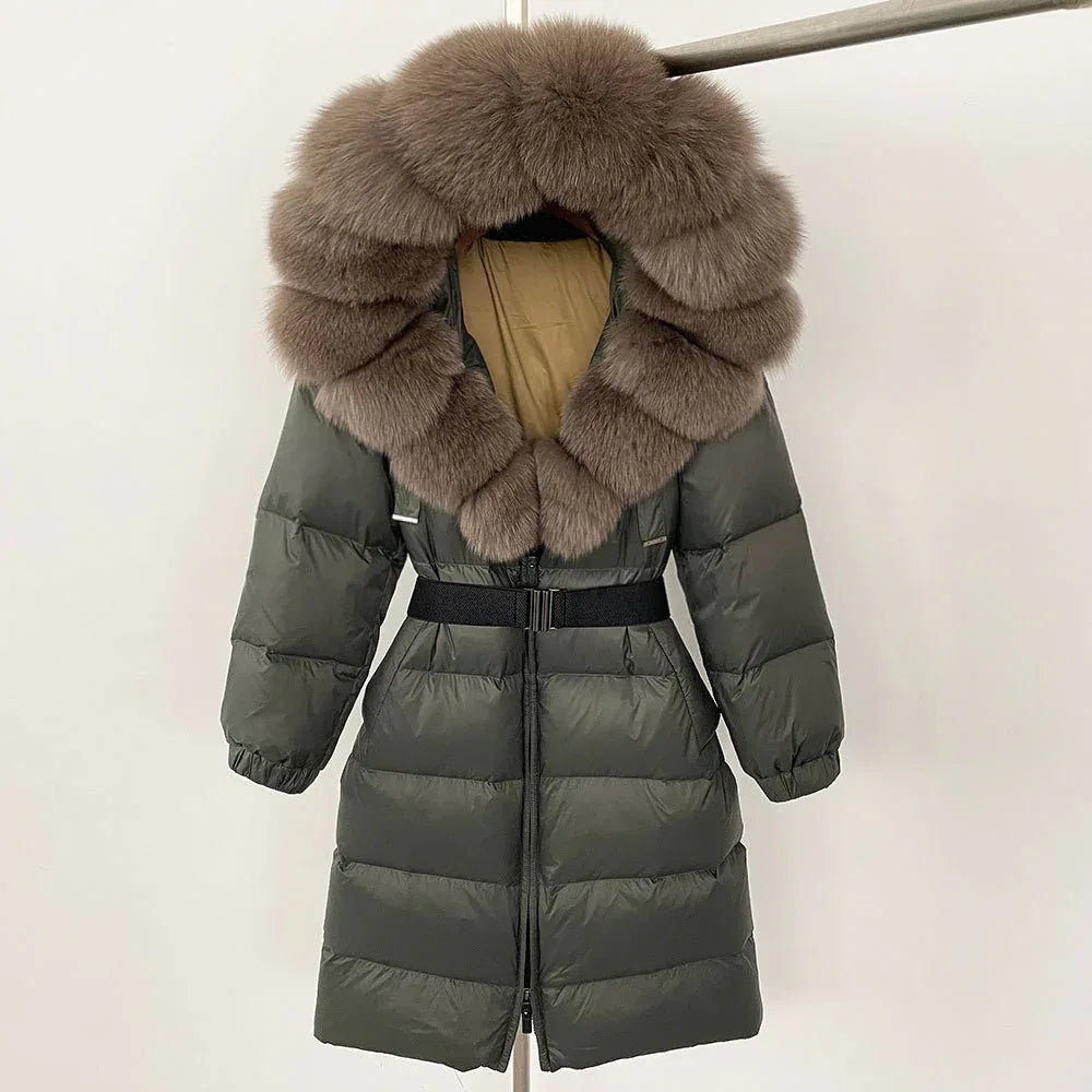 Women's Long Cinched Hoodie Real Fox Fur Collar Coat 2026 - Winter Jacket - DanaFashionstore