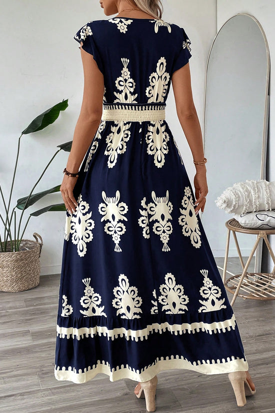 Trim Cap Sleeve Cinched Waist Ruffle Hem A-Line Dress