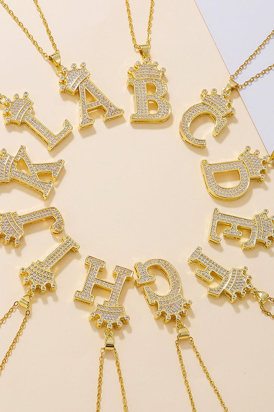 1PCS Fashionable Gold Diamond Crown Uppercase Letter Popular Pendant Necklace Suitable For Daily Use Festivals Parties Gifts Jewelry Set