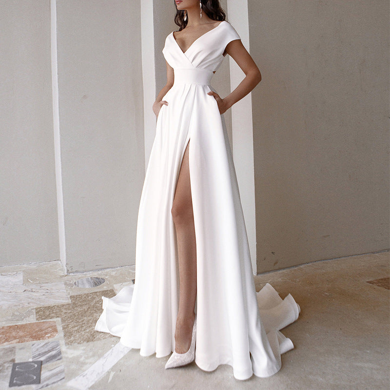 Women's V-Neck Solid Color Floor Long Dress