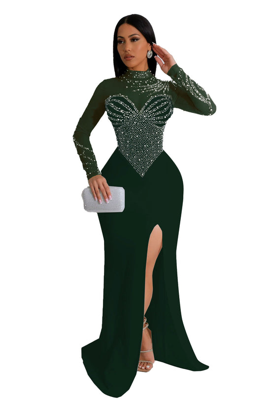 Women's Rhinestone Pearl See-through Waist-tight Stretch Split Dress