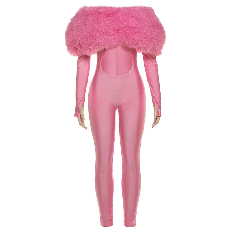 New Women's Off-shoulder Furry Stitching Sexy Midriff-baring Long Sleeve Jumpsuit - DanaFashionstore