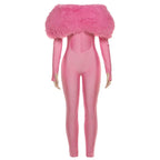 New Women's Off-shoulder Furry Stitching Sexy Midriff-baring Long Sleeve Jumpsuit - DanaFashionstore
