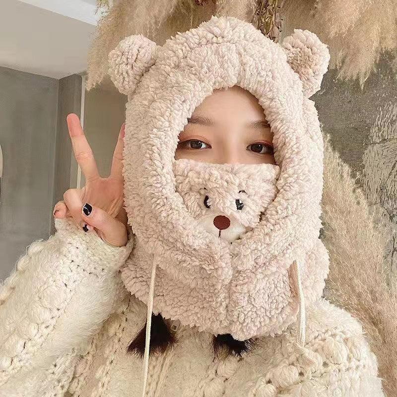 Cute Bear Plush Hat Winter Warm Thickened Scarf With Mask Anf Drawstring Design - DanaFashionstore