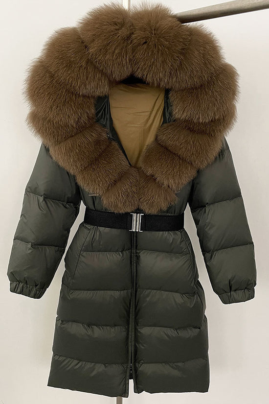 Women's Long Cinched Hoodie Real Fox Fur Collar Coat