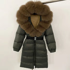 Women's Long Cinched Hoodie Real Fox Fur Collar Coat 2026 - Winter Jacket - DanaFashionstore