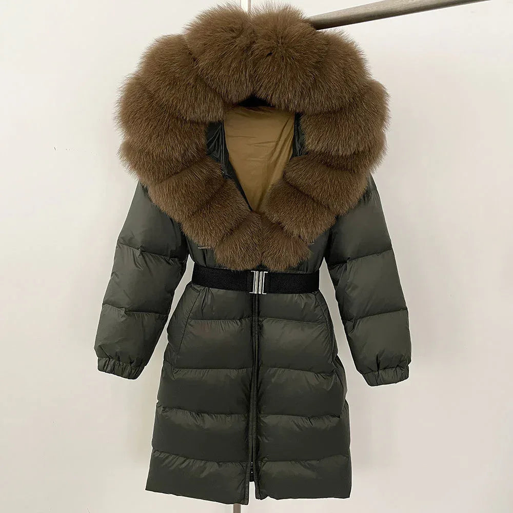 Women's Long Cinched Hoodie Real Fox Fur Collar Coat 2026 - Winter Jacket - DanaFashionstore