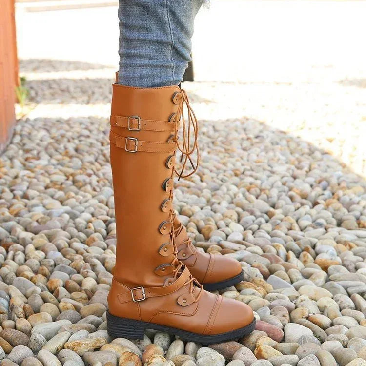 Round Toe Mid-heel Lace-up Over-the-knee Boots - DanaFashionstore