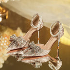Rhinestone Bow Pointy Hollow Pearl Heels - DanaFashionstore