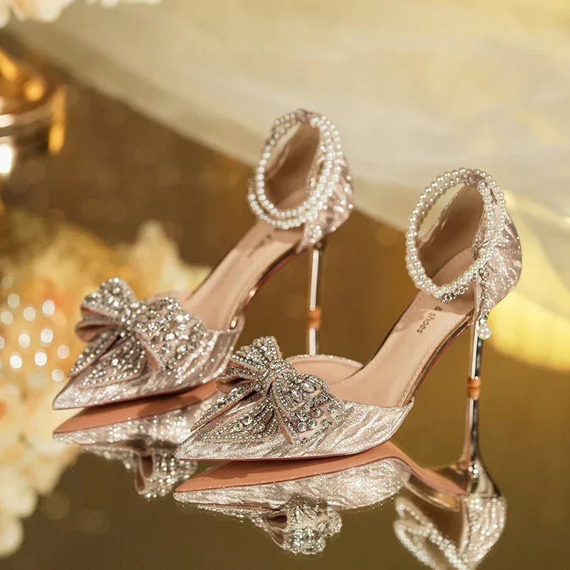 Rhinestone Bow Pointy Hollow Pearl Heels - DanaFashionstore