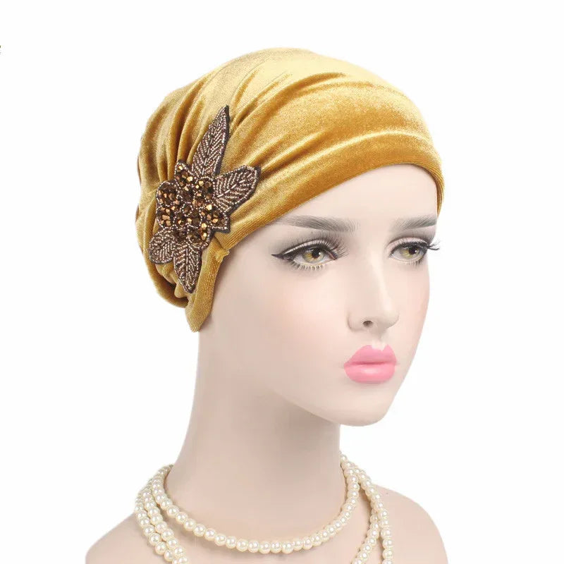 Beaded Flower Accessories Turban Hat Velvet Pleated Hood - DanaFashionstore