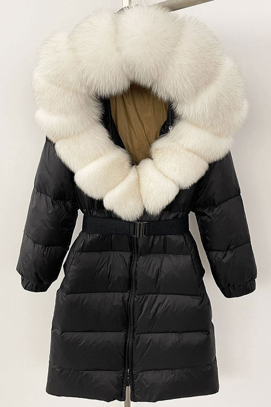 Women's Long Cinched Hoodie Real Fox Fur Collar Coat