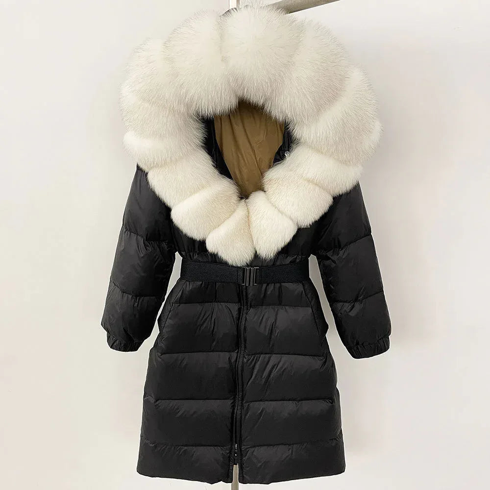 Women's Long Cinched Hoodie Real Fox Fur Collar Coat 2026 - Winter Jacket - DanaFashionstore