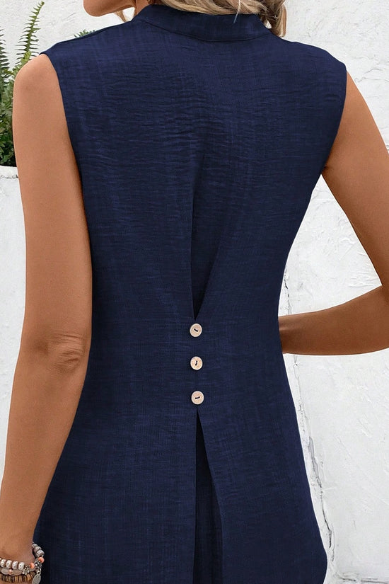 Solid Notched V-Neck Sleeveless Button Back Shirt