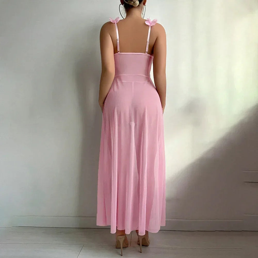 Sexy Slit See-through Suspender Skirt Long Skirt T Back Sexy Nightdress Two-piece Set - DanaFashionstore