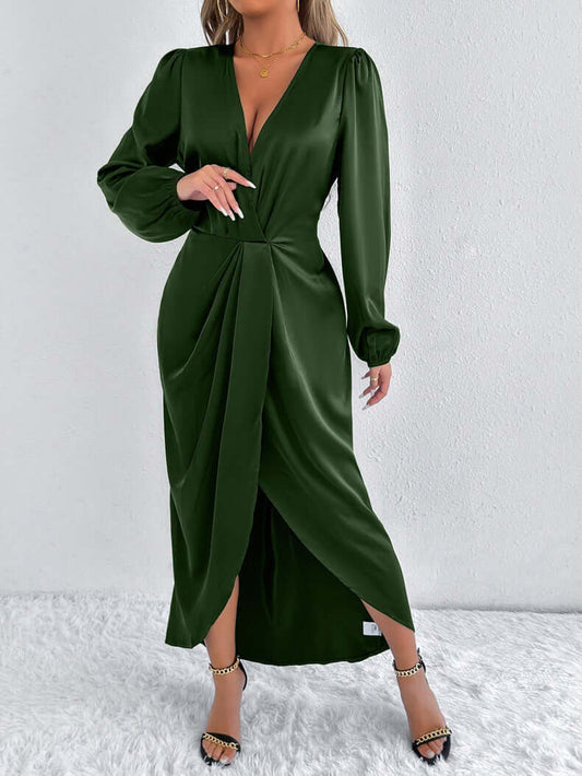 Satin European And American Style Dress High-grade $47.06 Dana Fashion Color: Army Green Size: L Women's clothing Product information: Color: khaki, Brown, Army Green, Rose Red, green, orange, pink, blue Waist type: high waist Size: XS,S,M,L,XL,XXL Sleeve