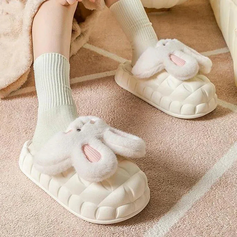 Cute Rabbit Shoes Winter Fuzzy Slippers Women Detachable Washable House Shoes - DanaFashionstore